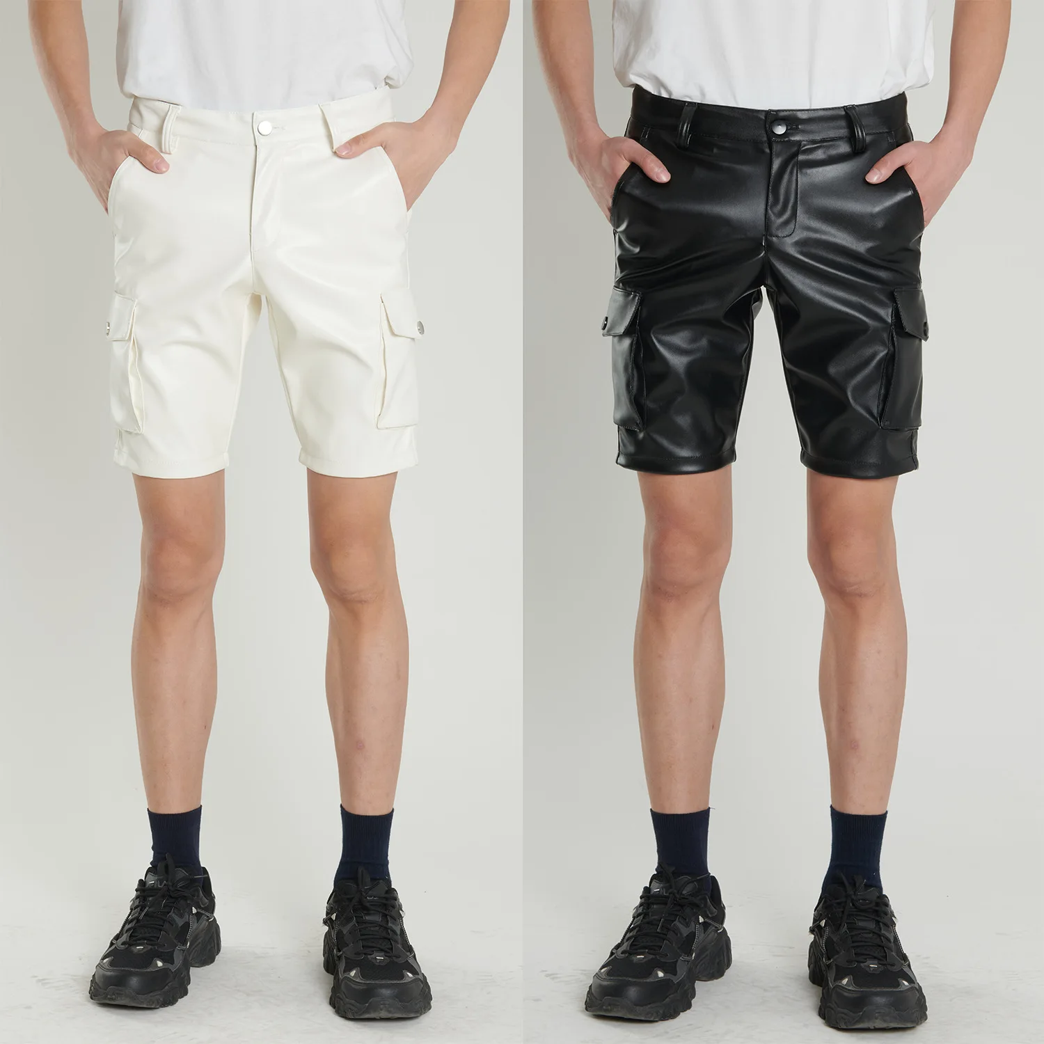Summer thin young cross-border leather pants men's stretch white black leather pants men's fashion shorts five pants