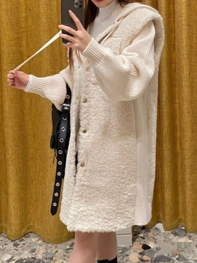 

Женский кардиган с капюшоном, однобортный трикотажный свитер в стиле пэчворк из овечьей шерсти с длинным рукавом, повседневная одежда на осень и зиму