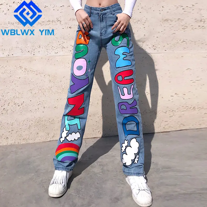 

Streetwear Women Washed Jeans Fashion Letter Print High Waist Jeans Female Loose Plus Size High quality Denim Straight Pants