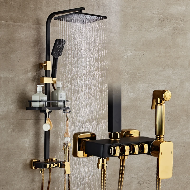 Купи Thermostatic shower set shower faucet wall-mounted black gold shower set square handle with spray за 7,800 рублей в магазине AliExpress