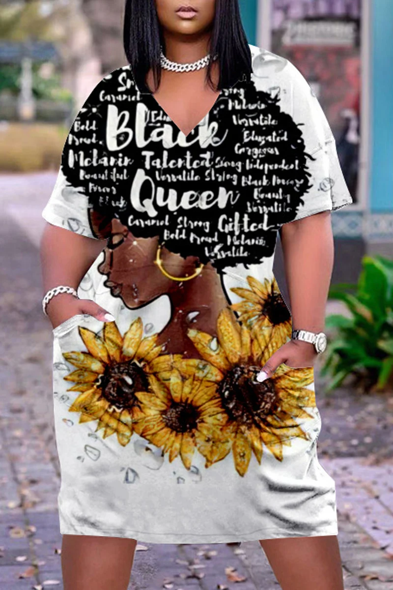 Женские платья до колена с карманами индийским 3D принтом V-образным вырезом -