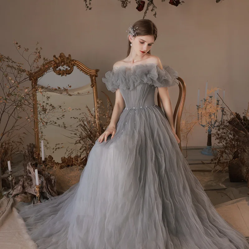 

Вечернее платье с открытыми плечами, кружевное однотонное платье с рюшами, лето 2023