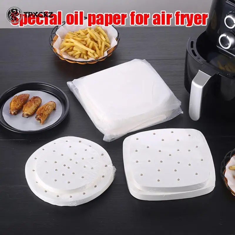100PCS Air Fryer Premium Perforated Pad Parchment Paper Square Non-Stick Steaming Basket Mat Baking Cooking Oil Paper Kitchen