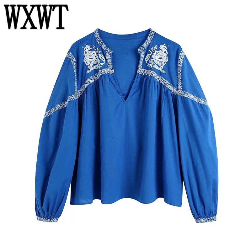 

WXWT Women Contrasting Colors Embroidery Blouse Shirt V Neck Long Sleeve Smock Female Casual Tops BB22341