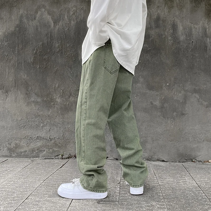 Green Jeans for Men Straight Loose Trousers Spring and Autumn Oversize Wide Leg Pants Casual High Street Fashion Male Clothing