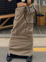 sunny y j y2k pockets cargo midi skirts zipper straight retro brown long skirts women korean streetwear grunge outfits harajuku