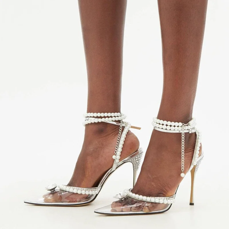 

Роскошные женские туфли-лодочки с искусственным жемчугом, Модные прозрачные туфли из ПВХ с ремешком на щиколотке, привлекательные женские туфли на высоком каблуке, весна-лето