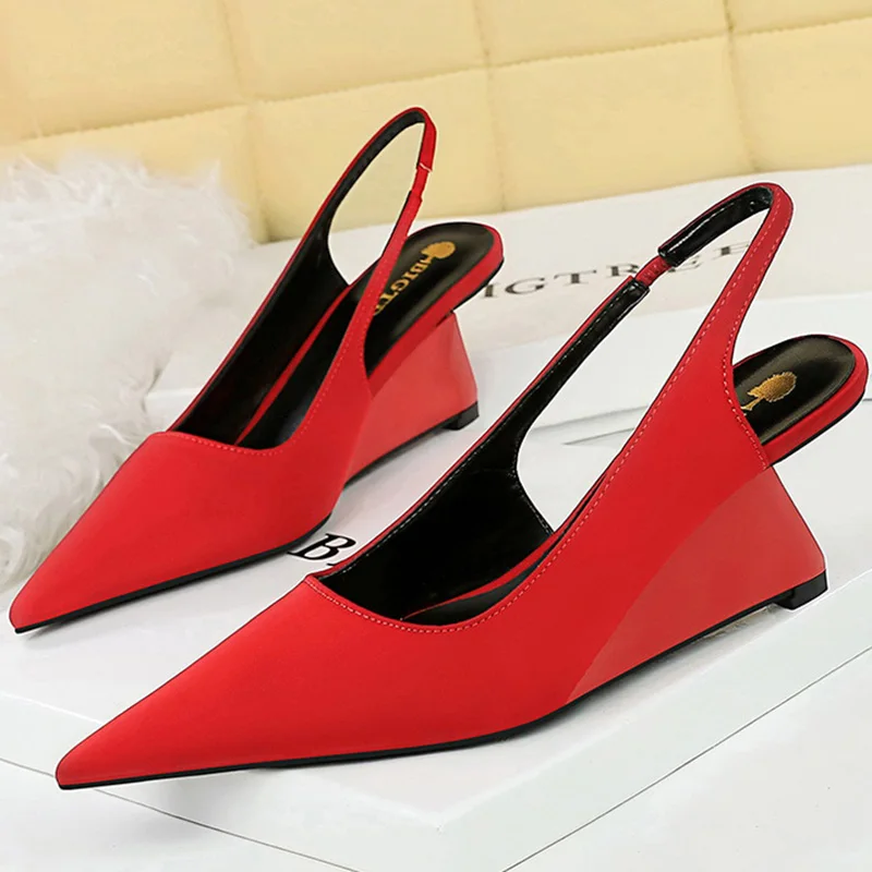

BIGTREE Korean Version Fashion Simplicity 6.5 CM High Heels Wedges Shallow Pointed Toe Hollow Back Strap Party Women Shoes New