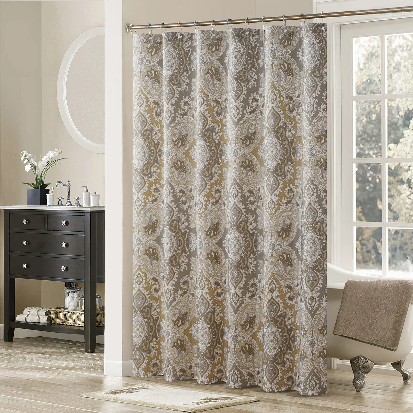 

Palermo Farmhouse Khaki Classic Polyester Waterproof Fabric Paisley Vintage Printed Decorative Taupe Shower Curtain