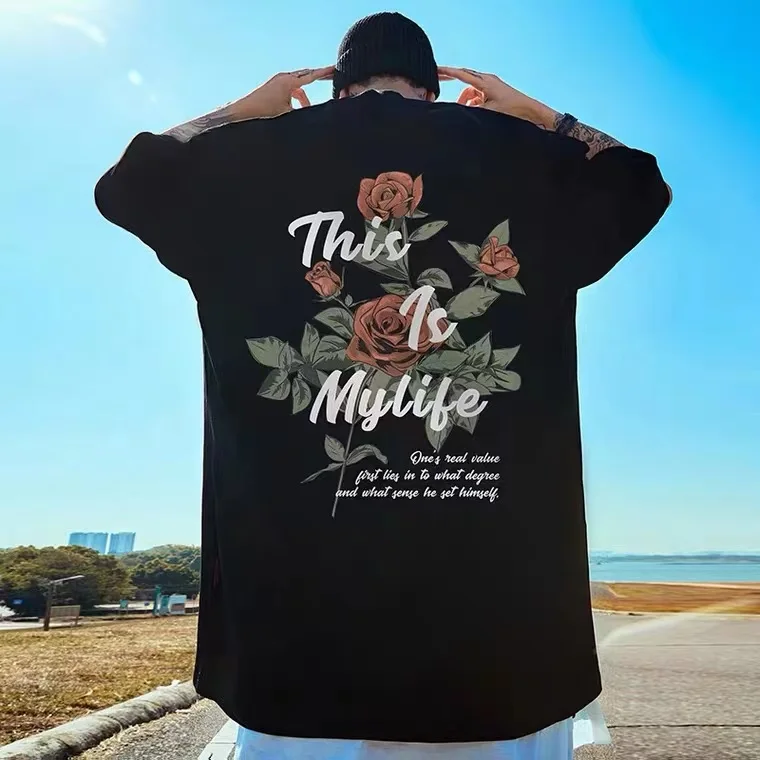 

Vintage Men's Rose Print T-shirt 100% Cotton Summer Logo Print Street Casual Hip Short Sleeve O-neck Top Hop Unisex Free Shippi
