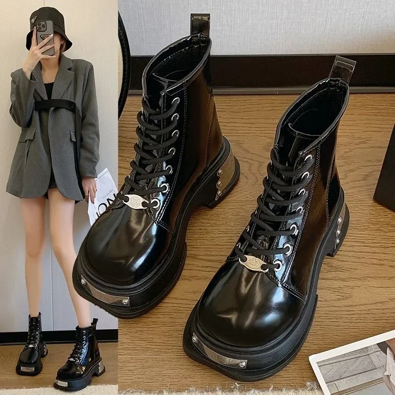 

SLTNX Spring and Autumn New Thick Soled Martin Boots Women's Metal and Fleece Slim British Style Fashion Comfortable Ankle Boots