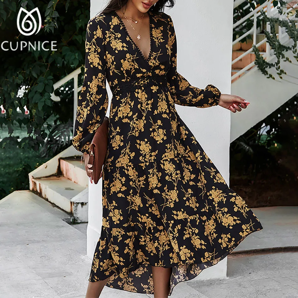 

Женское платье с цветочным принтом, V-образным вырезом и рукавом-фонариком