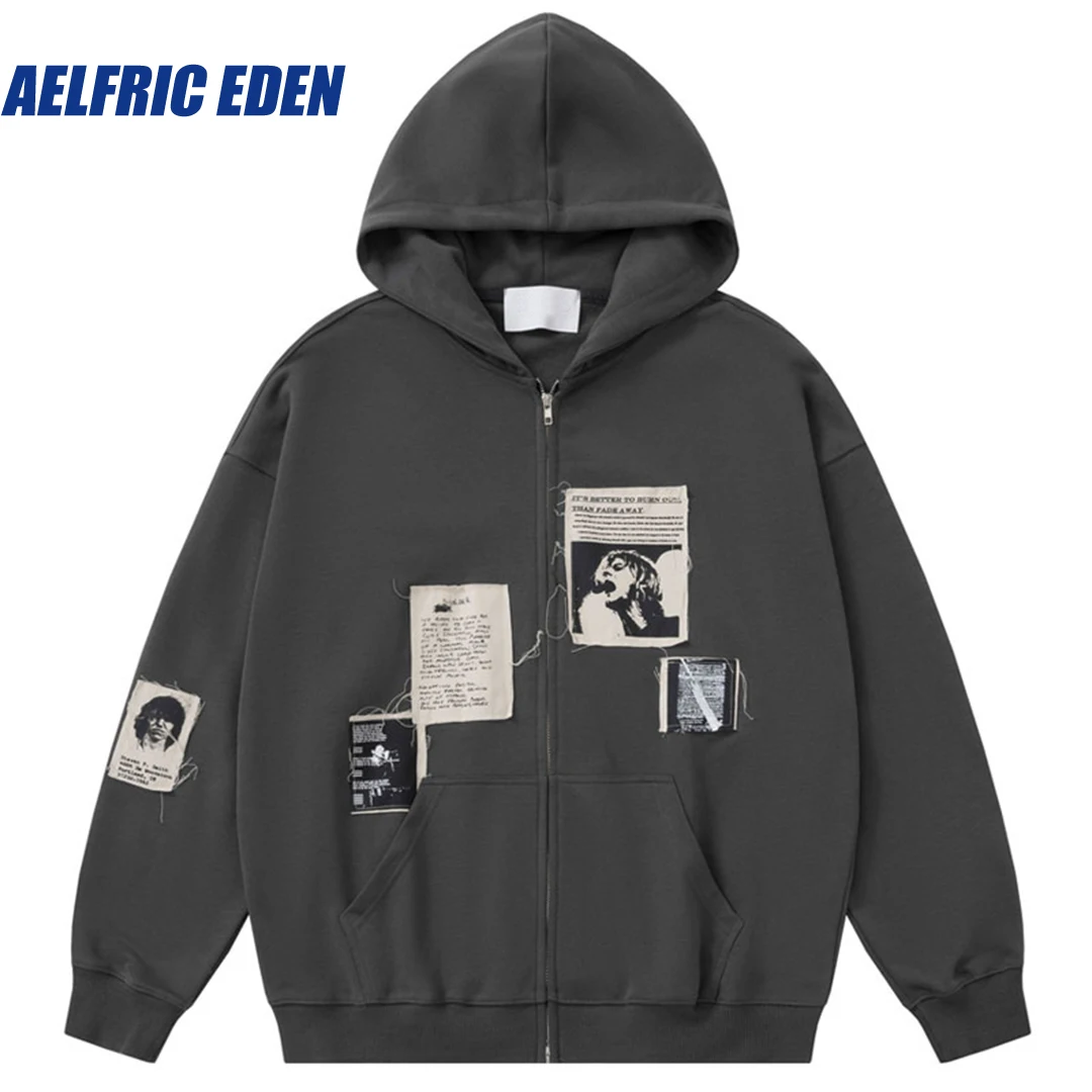

Aelfric Eden Embroidery Retro Graphic Patch Zip Hoodie Sweatshirt Coat Y2K Harajuku Hip Hop Hooded Jacket Streetwear Punk Hoodie