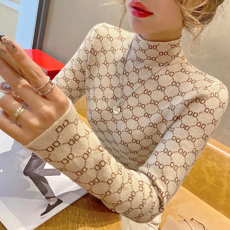

New Autumn Winter Women Harajuku Slim T-shirt Ladies Letter Printed Stretchable Turtleneck Luxury Pullovers Y2k Long Sleeve Tops