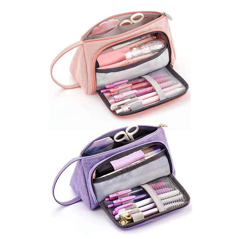 

2X Colored Linen Storage Pouch Marker Pen Pencil Case Stationery Bag Holder For Middle High School Office Pink & Purple