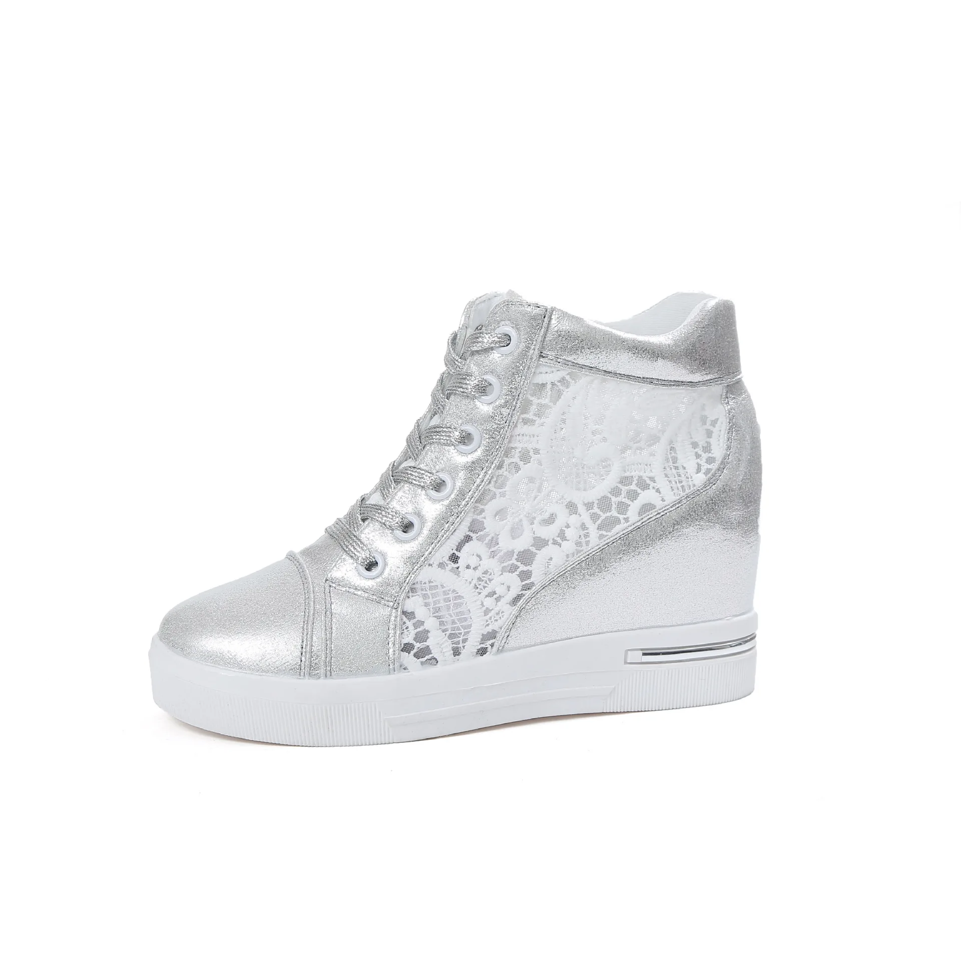 Women Wedge Platform Sneakers Rubber Brogue Leather High heels Lace Up Shoes Pointed Toe Height Increasing Creepers White Silver