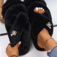 women warm home fur slippers soft cotton slippers pearl leaves indoor sandals flat shoes plush cute girls bedroom house slides