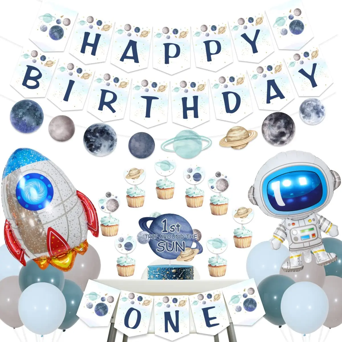

First Trip Around The Sun Birthday Decor for Boy Space Happy Birthday Garland Astronaut Rocket Balloons for 1st Birthday Party