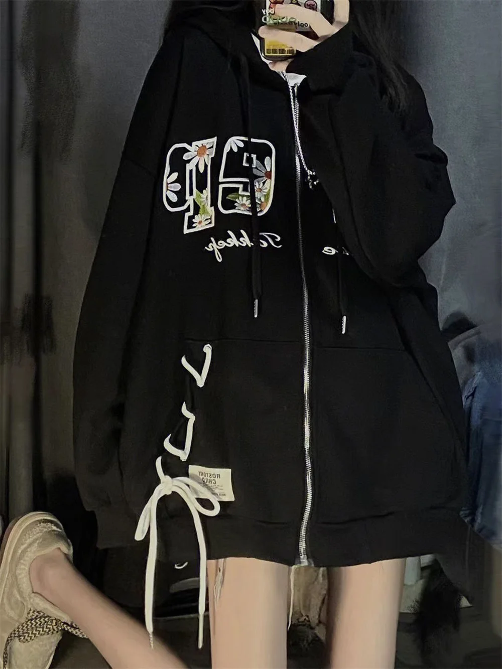 

Модная весенняя бандажная Толстовка с вышивкой, Женская куртка в стиле Харадзюку Kpop, свободные топы, осенняя толстовка с капюшоном, толстовка на молнии, уличная одежда
