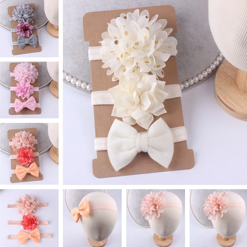 

3Pcs/set Kids Elastic Floral Hairband Set Children'S Simple Solid Color Bow Hair With Suit Hair Bands For Baby Girl