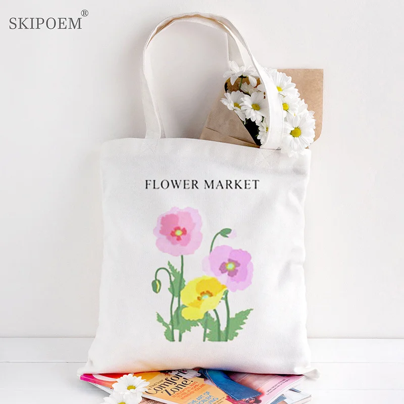 

Bag Canvas Tote Beach Bags Shoppers Reusable White Handbags Female Flower Market Cartoon Casual Aesthetic Art Painting Handbags