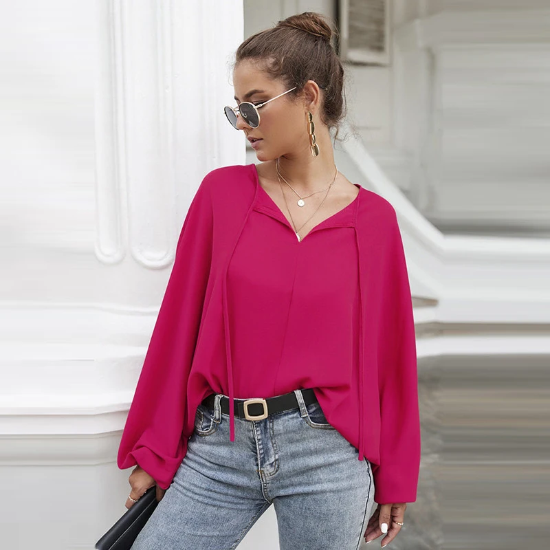 

Red Elegant Women Blouse Tops 2023 Spring Autumn Long Sleeve Sexy Lace Up Ladies Loose Blouses Shirt Top Casual Solid Shirts
