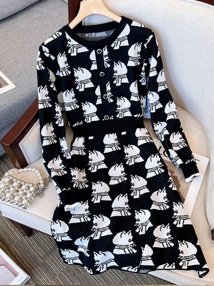 

YuooMuoo модное женское мультяшное черное платье 2022 осень-зима винтажное элегантное женское трикотажное платье-свитер с длинным рукавом