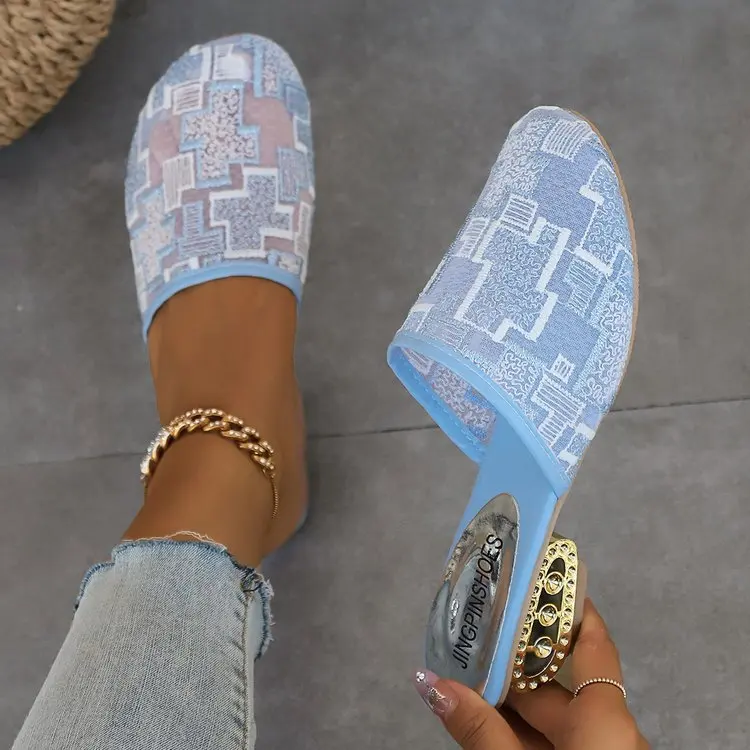 

Женские туфли, Новинка лета 2023, женские шлепанцы, модные блестящие сетчатые сандалии с блестками, босоножки на среднем каблуке, женские тапочки Baotou