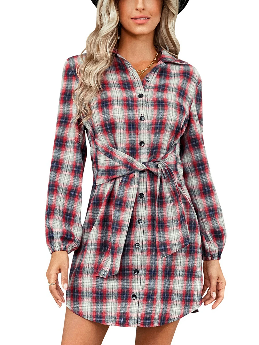 

Women Plaid Dresses Plaid Pattern Turn-Down Collar Waist Tie-Up Button-Down Dresses