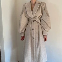 2021 new korean fashion women long sleeved autumn and winter retro temperament lantern sleeved lapel plaid woolen coat long coat
