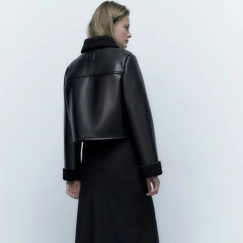 Casual Streetwear Faux Fur Splicing Black Leather Jacket Thick Warm Winter Office Ladies Coat Women New In Outwears Crop Tops