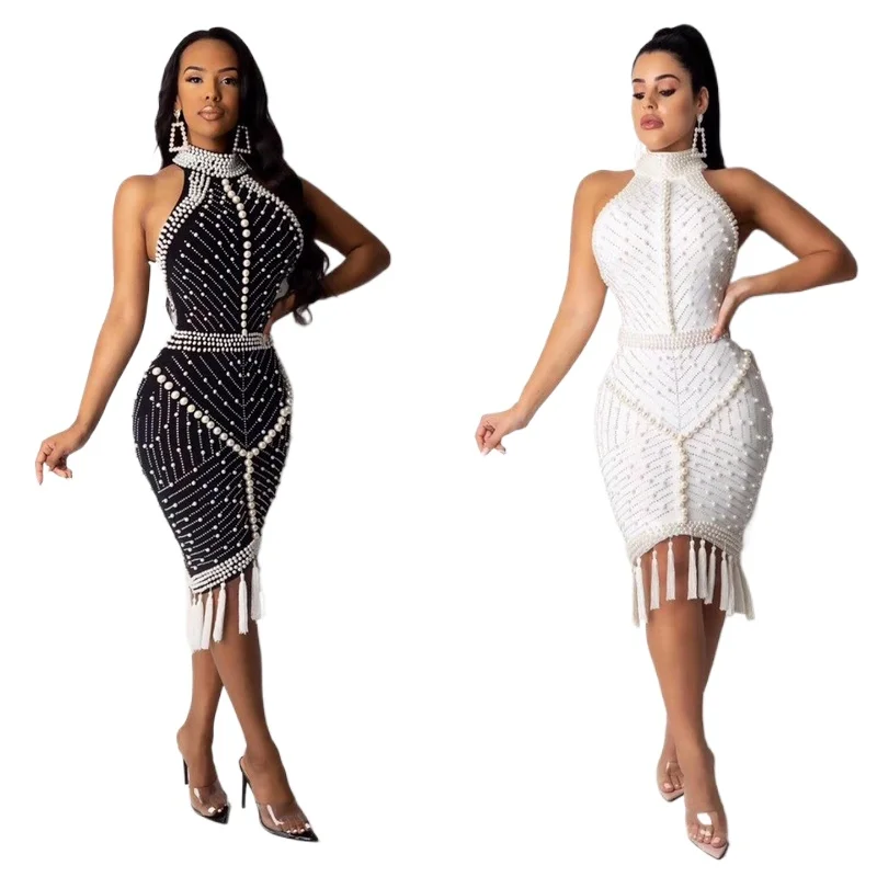 

High Quality Dress women Celebrity White Black Tassel Beading Sexy Rayon Bandage bodycon Cocktail Party Dress vestido harajuku