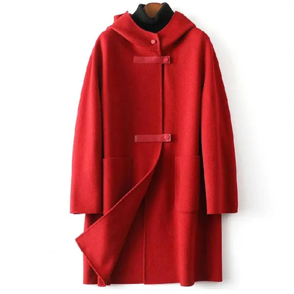 

Winter Coat Long Sleeves Single-breasted Hooded Solid Pockets Keep Warm Double Side Cashmere Wool Large Size Thick Lady Overcoat