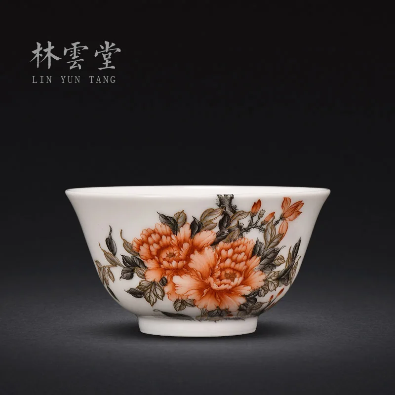 

|Lin Yuntang hand-painted color ink alum red paint peony master cup single cup jingdezhen ceramic sample tea cup LYT9085