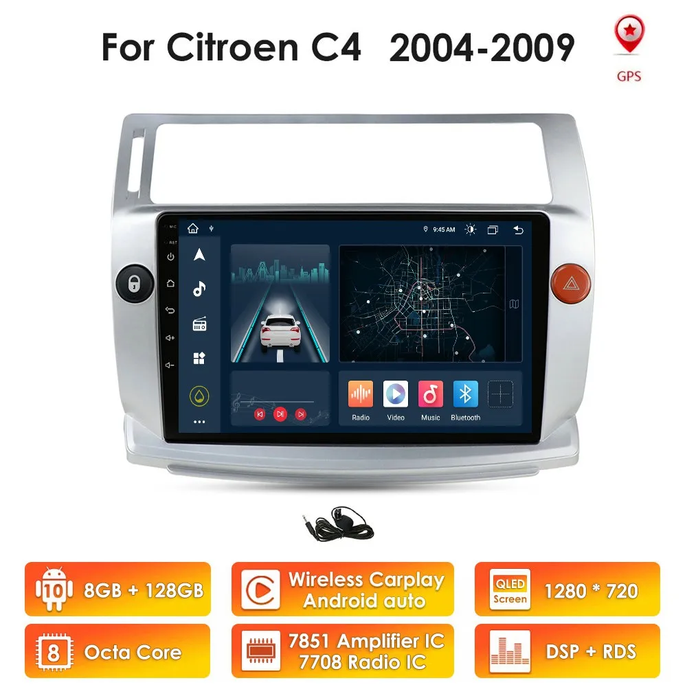 

Автомагнитола 9 дюймов, Android, автомобильное стерео радио, мультимедиа, GPS для Citroen C4 C-Triumph C-four 2004-2009, 2din, навигация CarPlay с экраном
