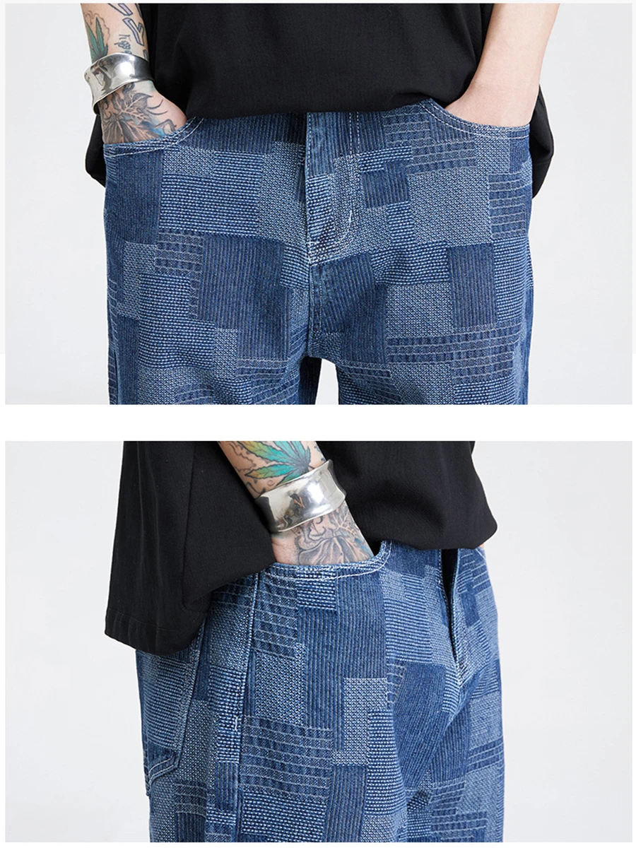 Four Seasons Men's High Street Retro Jeans Plaid Patch Ins Casual Loose Straight Wide Leg Pants Fashion Streetwear Ins Hot Sale