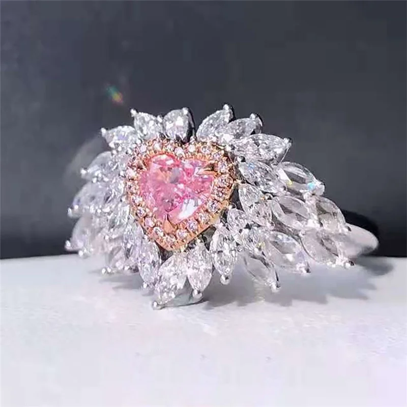 

Luxury Pink Heart Zircon Ring for Women 2023 Fashion Luxury Jewelry Angel Wing Ring Girlfriend Anniversary Wedding Gift