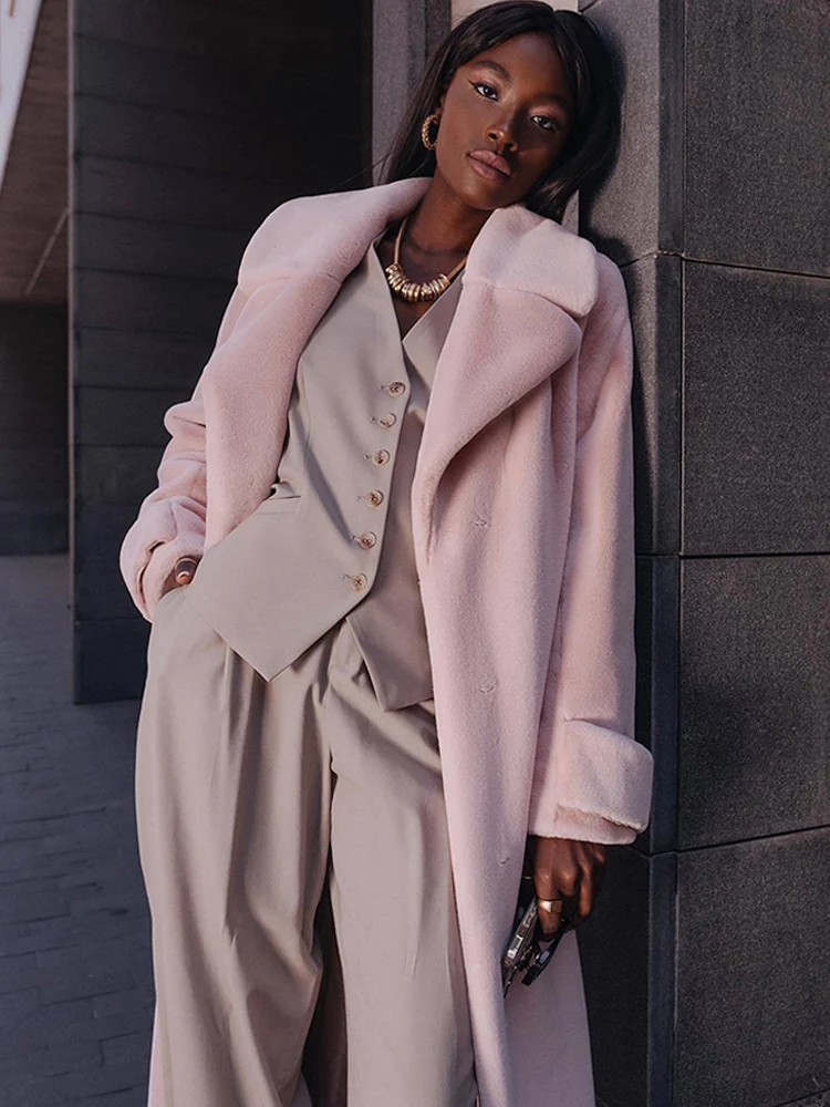 Women's Long Faux Rabbit Fur Coat Fluzzy Lace Up Turn Down Collar Outwear Long Sleeve Female Coats 2022 Winter Lady Elegant