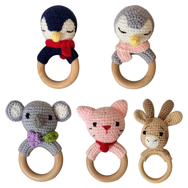 

Crochet Animal Rattle Baby Wooden Teether Ring Infant Teething Nursing Soother Molar Toys for Newborn Shower Gifts