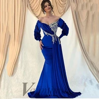 royal blue long sleeves evening dress lace appliques off shoulder mermaid arabic parti prom gown custom made abendkleider