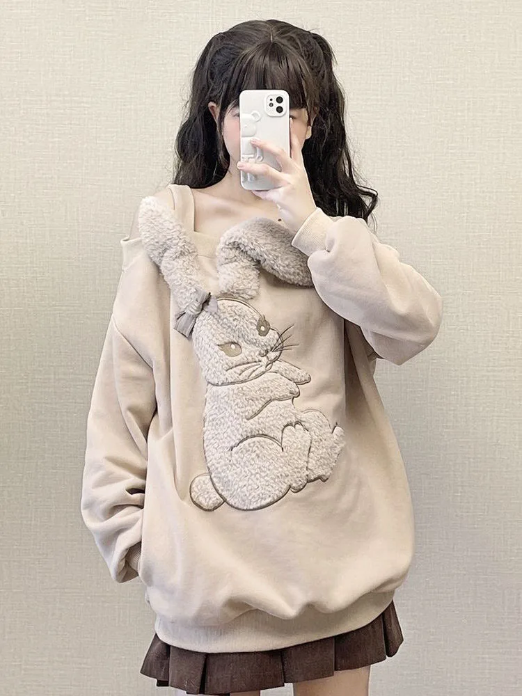 

Cute Fluffy Rabbit Jacquard Hoodies Y2k Women Off Shoulder Fleece Sweatshirt 2023 Autumn Chic Kawaii Tops Harajuku Moletom Fairy