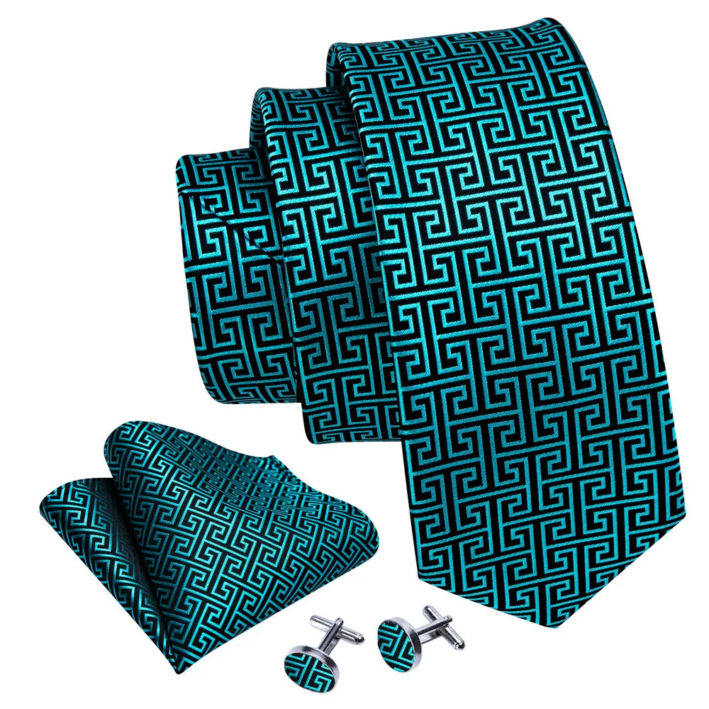 

Barry.Wang Fashion Classic Teal Geometrical Mens Ties Cotton Woven Handkerchief Necktie Sets For Wedding Business Novelty N-6031