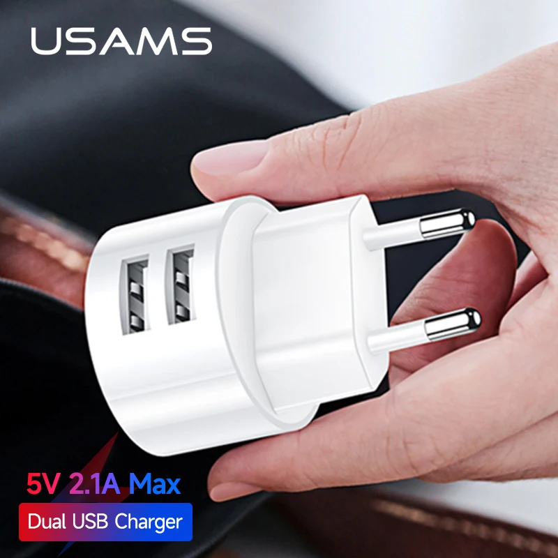 usams 5v 2 1a min eu uk us plug mobile phone charger for iphone samsung huawei ios android 2 ports white travel wall charger free global shipping