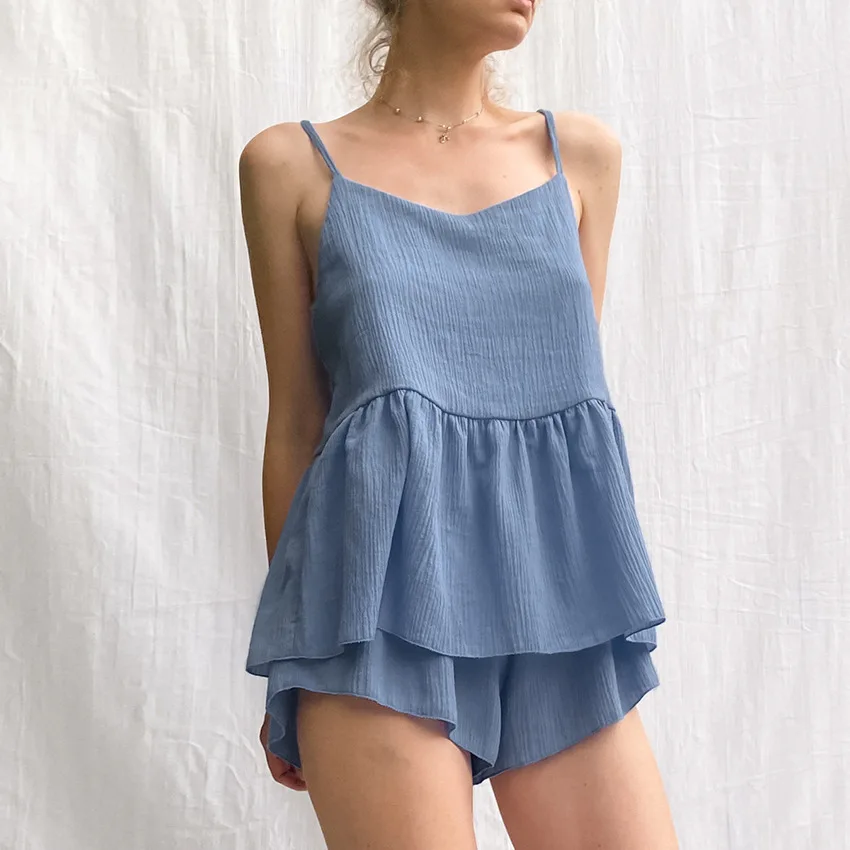 Women's Pajamas Cami Top and Shorts Pyjamas Pijamas Set Blue Color 2-Piece Cotton Sleepwear for Women Female