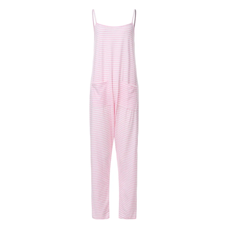 Casual Striped Sleeveless Jumpsuits with Pocket Summer Women Simple Comfort Homewear New Oversized Loose Square Collar Jumpsuits