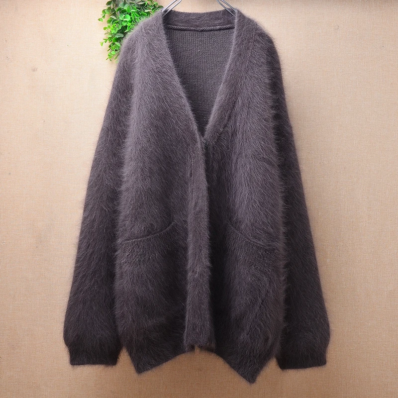 

04 Female Women Fall Winter Thick Warm Hairy Angora Rabbit Hair Knitwear Long Sleeves V-Neck Loose Cardigans Jacket Sweater Coat