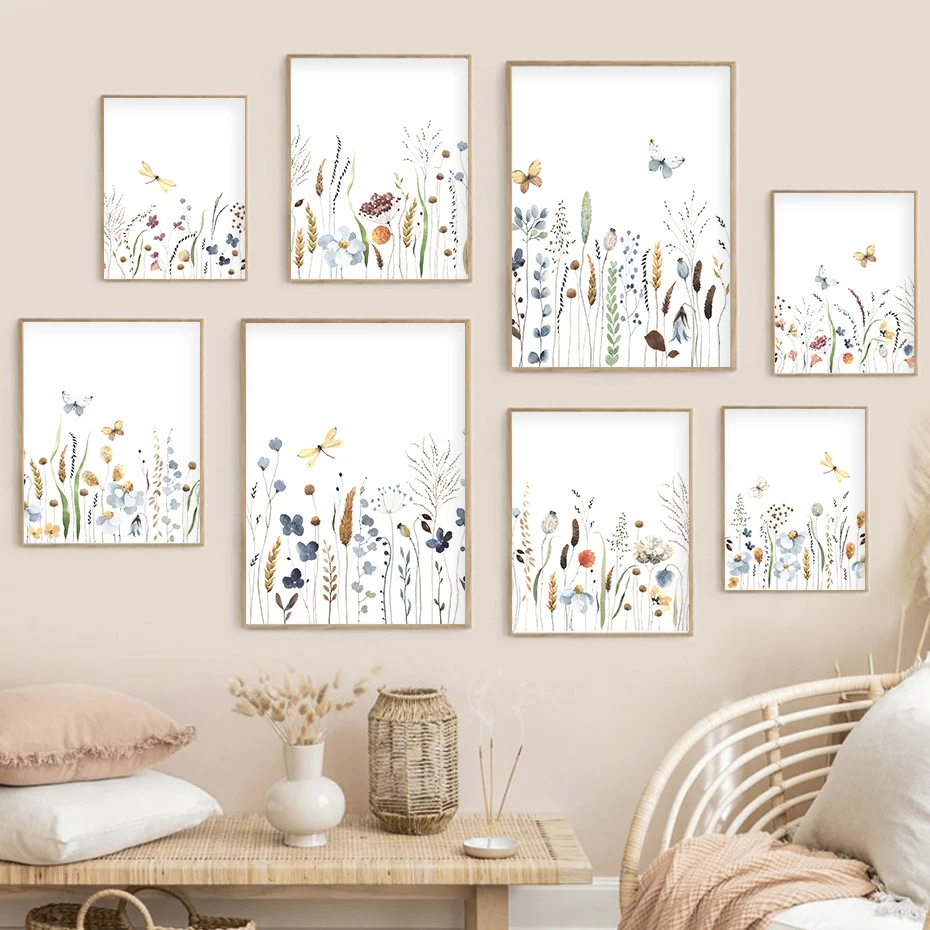 

Boho Floral Watercolor Abstract Plants Poster Butterfly Wall Art Canvas Painting Print Picture Living Room Interior Home Decor