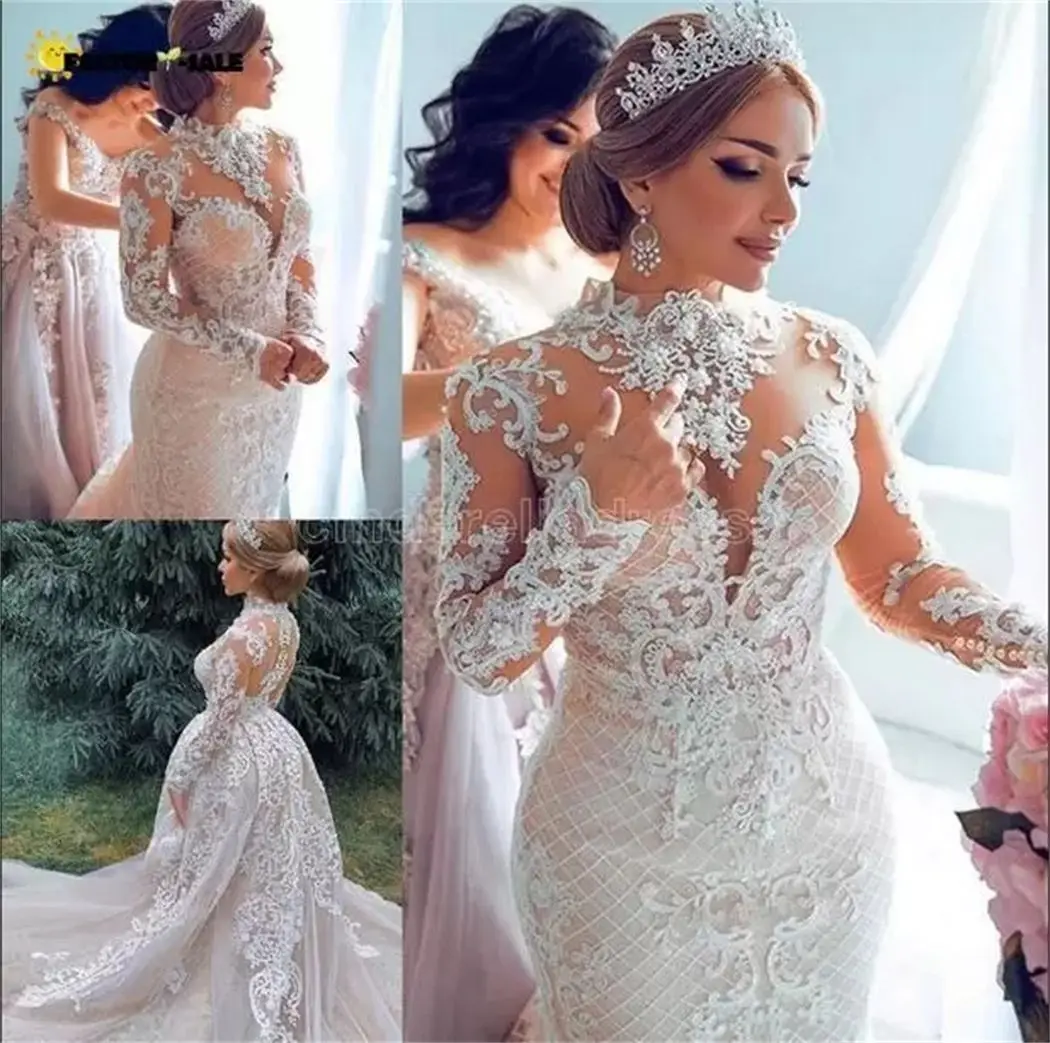 

Arabic Dubai Lace Mermaid Wedding Dresses With Detachable Train High Neck Appliuqe Long Sleeves Plus Size Wedding Bridal Gowns
