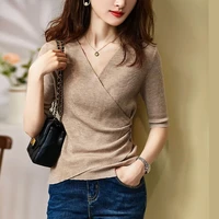 knitted bottoming shirt tops women 2022 summer new fashion korean elegant solid color thin v neck short sleeve top