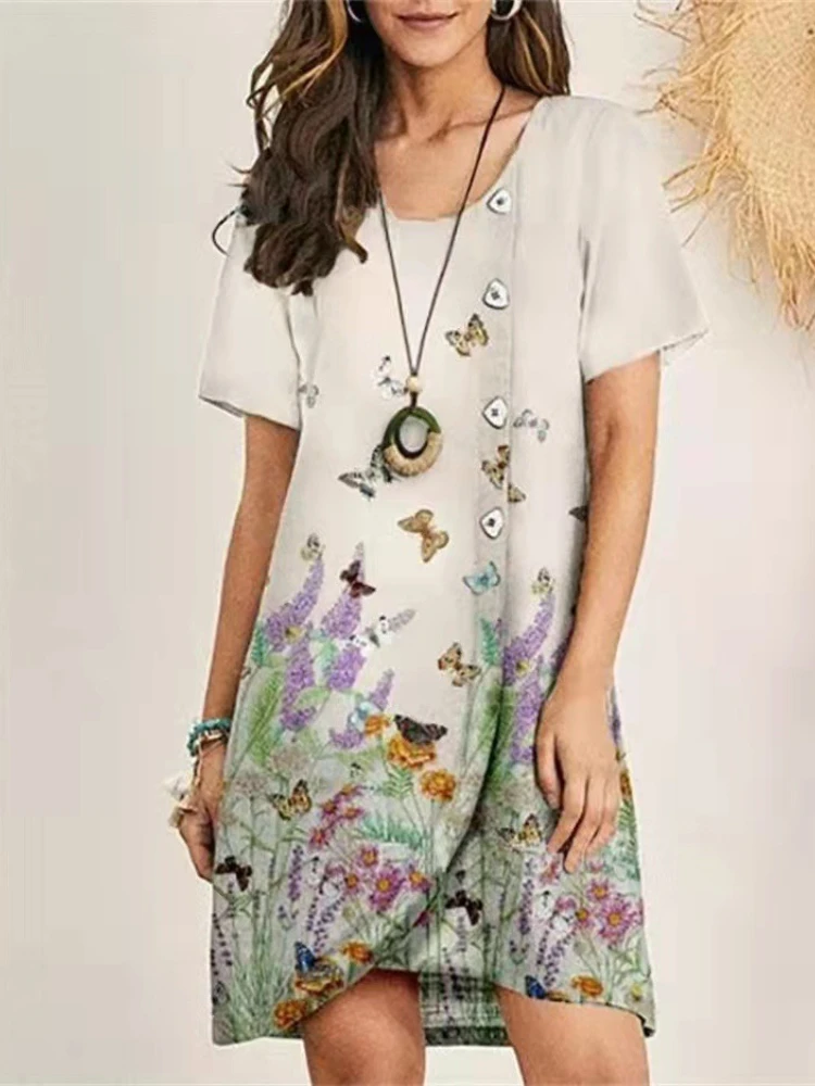 

Summer Dress Casual Women New Fashion Dresses Positioning Flower O Neck Short Sleeve Button Dress Vestidos De Verano Mujer 2023